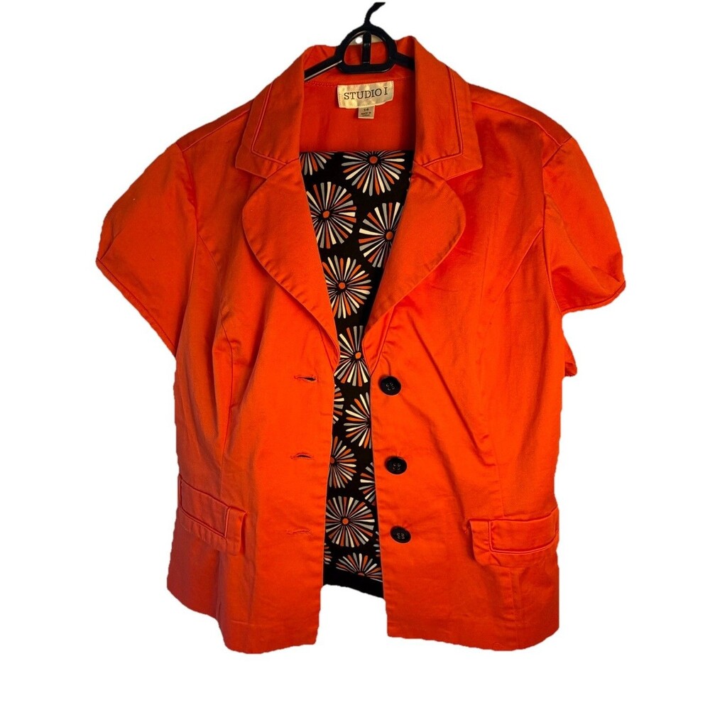 Studio I Retro Mod 2pc Skirt Suit Set Size 14 Coral Short Sleeve Jacket Floral